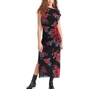 Free People Floral Mesh Midi Maxi Dress Black Red Ruched Side Slit Size XS